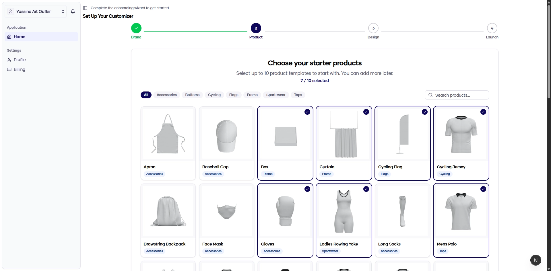 Konfiwear product library grid with multiple 3D blank garments ready for customization