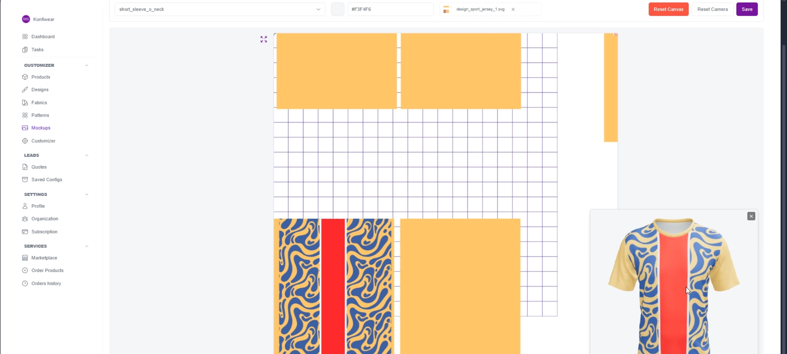Konfiwear configurator interface showing design import and 3D preview functionality