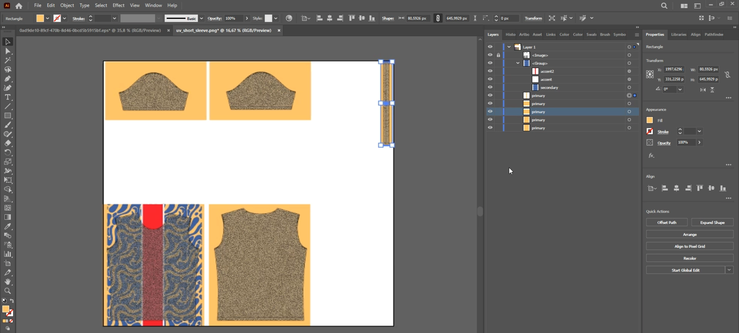 Adobe Illustrator workspace showing design preparation with UV map and layer organization