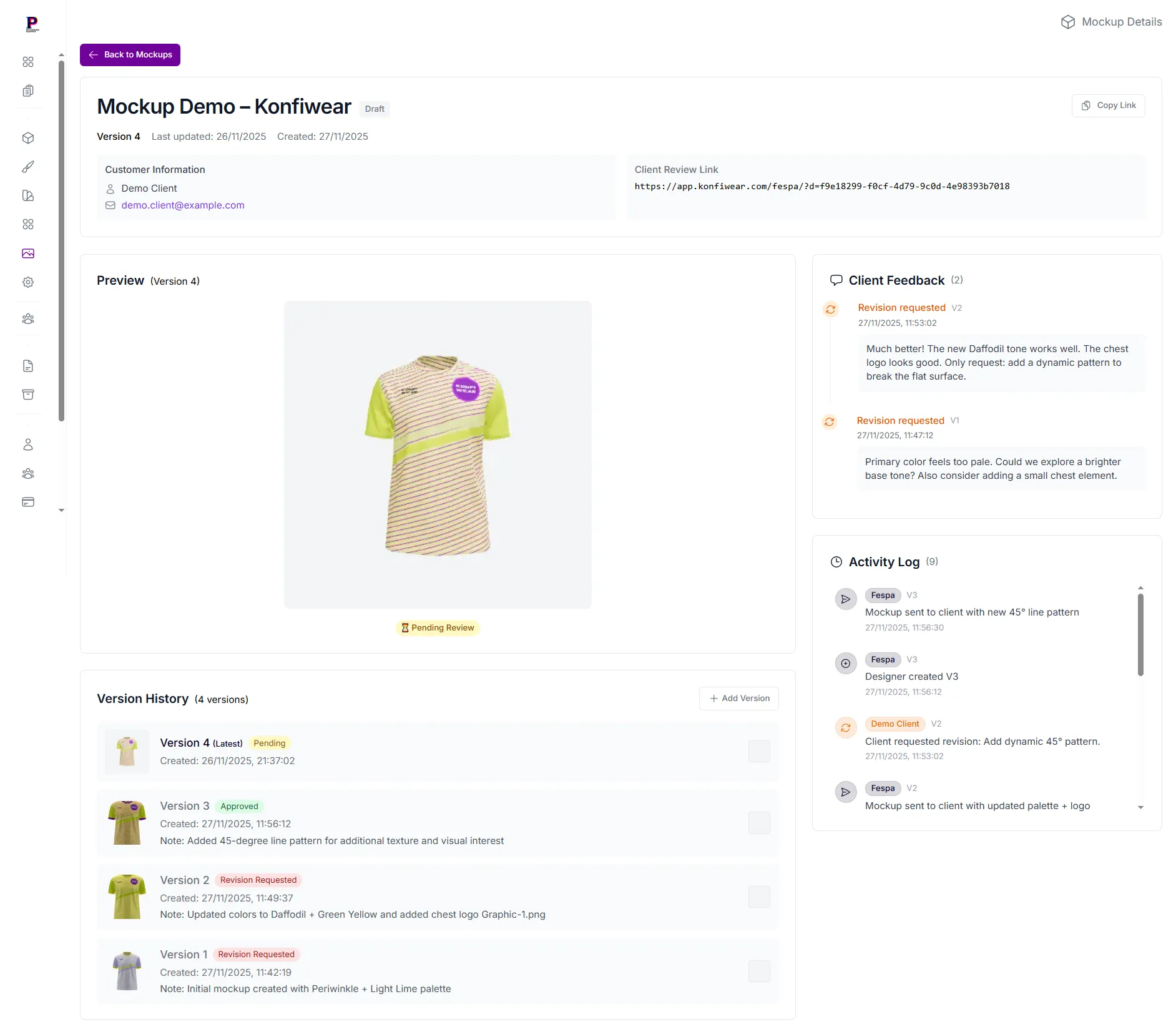 Mockup detail view showing versions, activity log, and metadata
