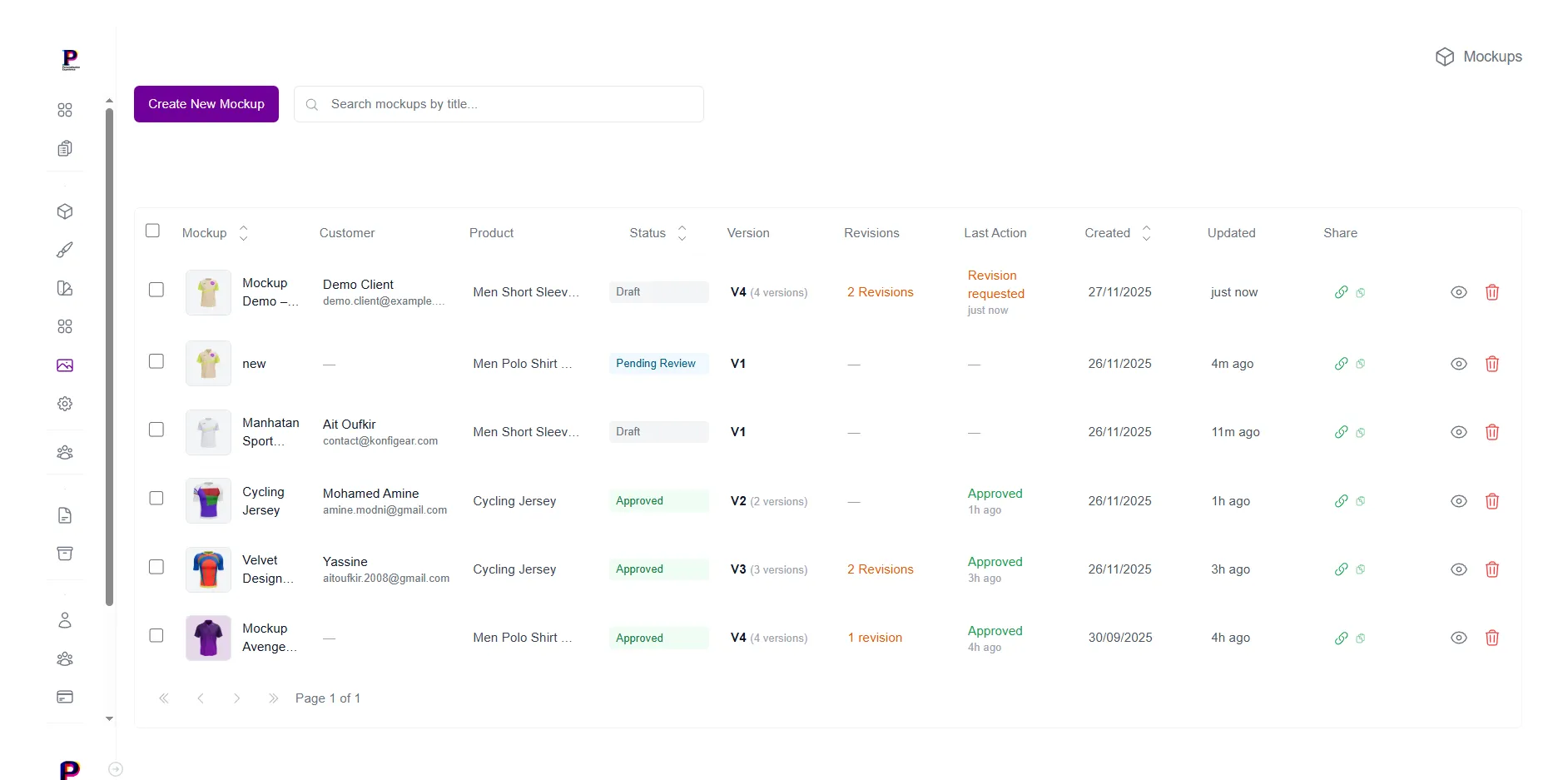 Mockup table list view with status and revision tracking