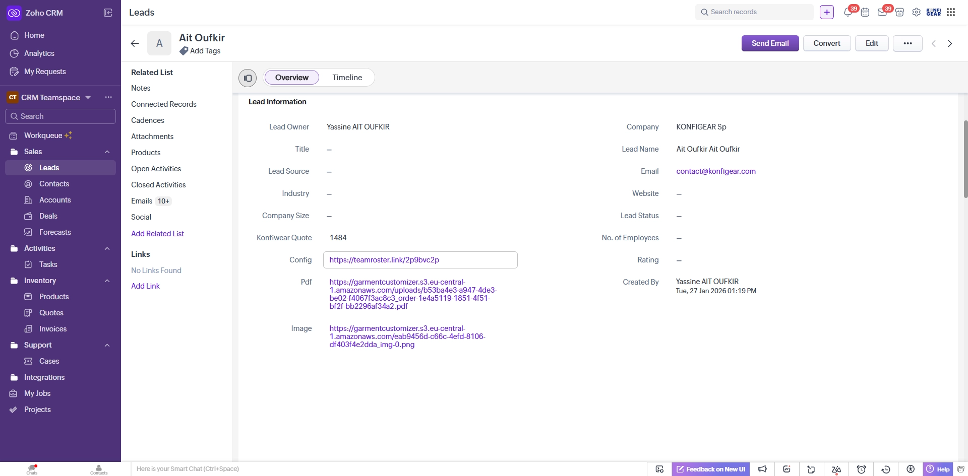 Konfiwear Zoho CRM Integration for Apparel Manufacturers